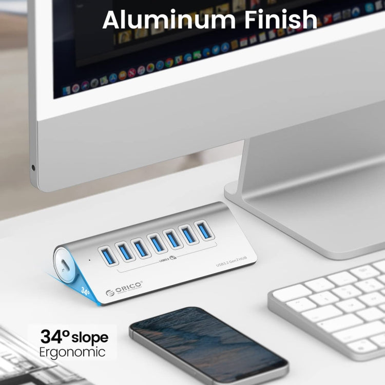 Vivolux | ORICO M3U7-G2 Aluminiumlegierung 7-Port USB 3.2 Gen2 10Gbps HUB mit 0,5 m Kabel (Silber)