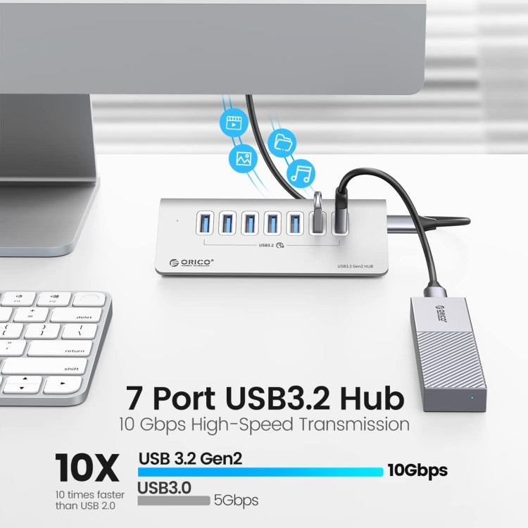 Vivolux | ORICO M3U7-G2 Aluminiumlegierung 7-Port USB 3.2 Gen2 10Gbps HUB mit 0,5 m Kabel (Silber)