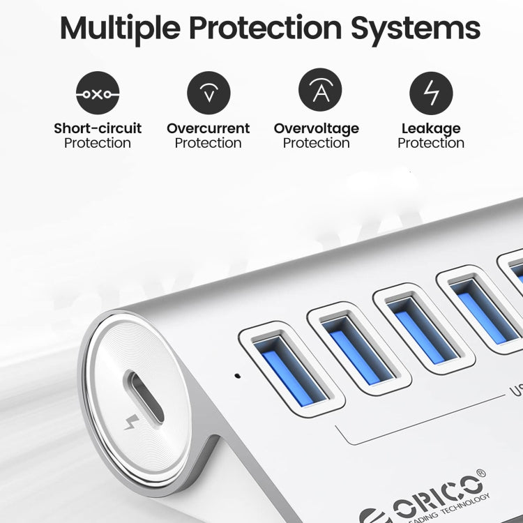 Vivolux | ORICO M3U7-G2 Aluminiumlegierung 7-Port USB 3.2 Gen2 10Gbps HUB mit 0,5 m Kabel (Silber)