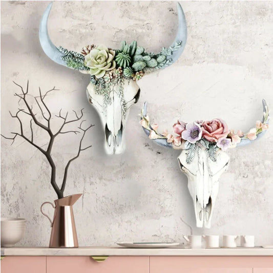 Vivolux | Kuhschädel - Bully - Wanddekoration mit Blumen - Harz Wohnkultur