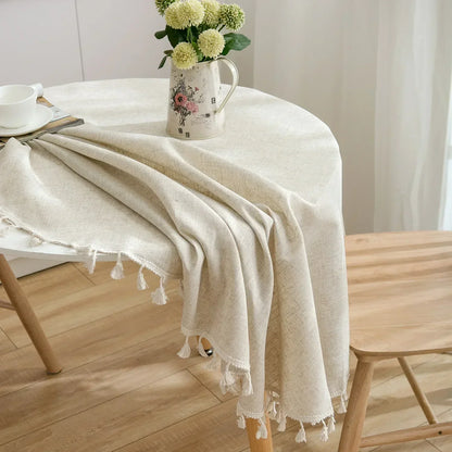 Vivolux | Runde Leinen-Baumwoll-Tischdecke mit Quasten
