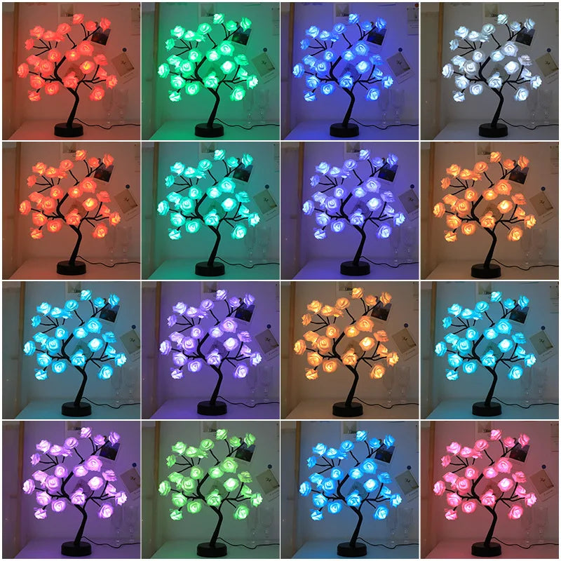 Vivolux | RGB Rose Blume Baum Lichter 24LED USB Batterie Tischlampe Feen Nachtlicht Zuhause Party Weihnachten Hochzeit Schlafzimmer Dekoration Geschenk