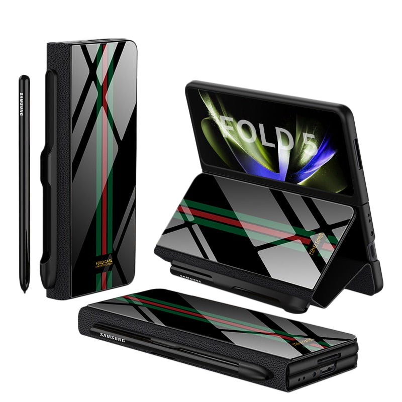 Vivolux | Stoßfeste Rüstungshülle Hülle Glas Abdeckung Ständer Einfügkarte Lederhülle für Samsung Galaxy Z Fold 5/4