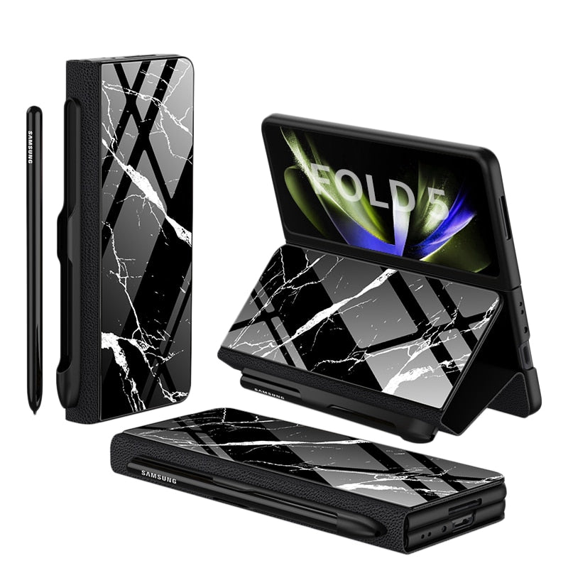 Vivolux | Stoßfeste Rüstungshülle Hülle Glas Abdeckung Ständer Einfügkarte Lederhülle für Samsung Galaxy Z Fold 5/4