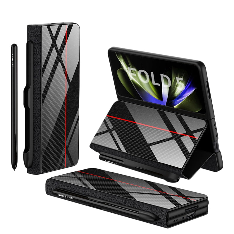 Vivolux | Stoßfeste Rüstungshülle Hülle Glas Abdeckung Ständer Einfügkarte Lederhülle für Samsung Galaxy Z Fold 5/4
