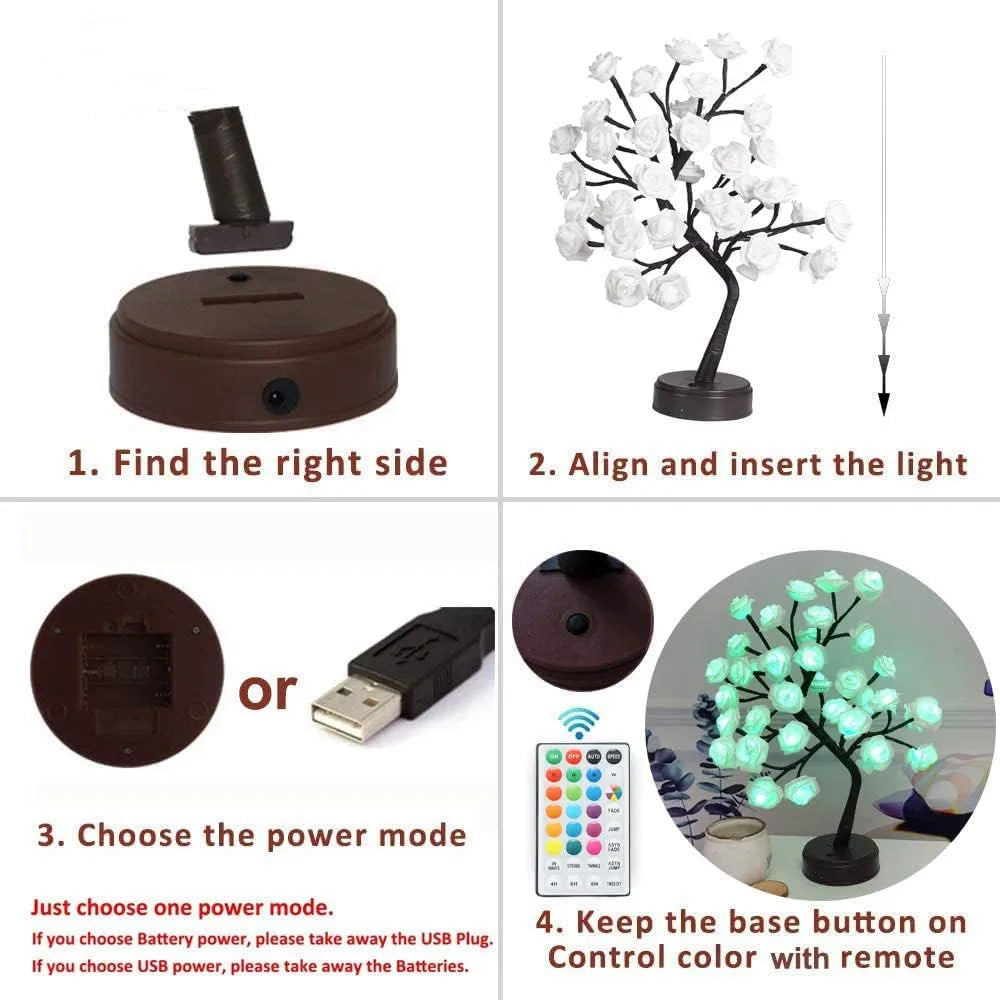 Vivolux | RGB Rose Blume Baum Lichter 24LED USB Batterie Tischlampe Feen Nachtlicht Zuhause Party Weihnachten Hochzeit Schlafzimmer Dekoration Geschenk