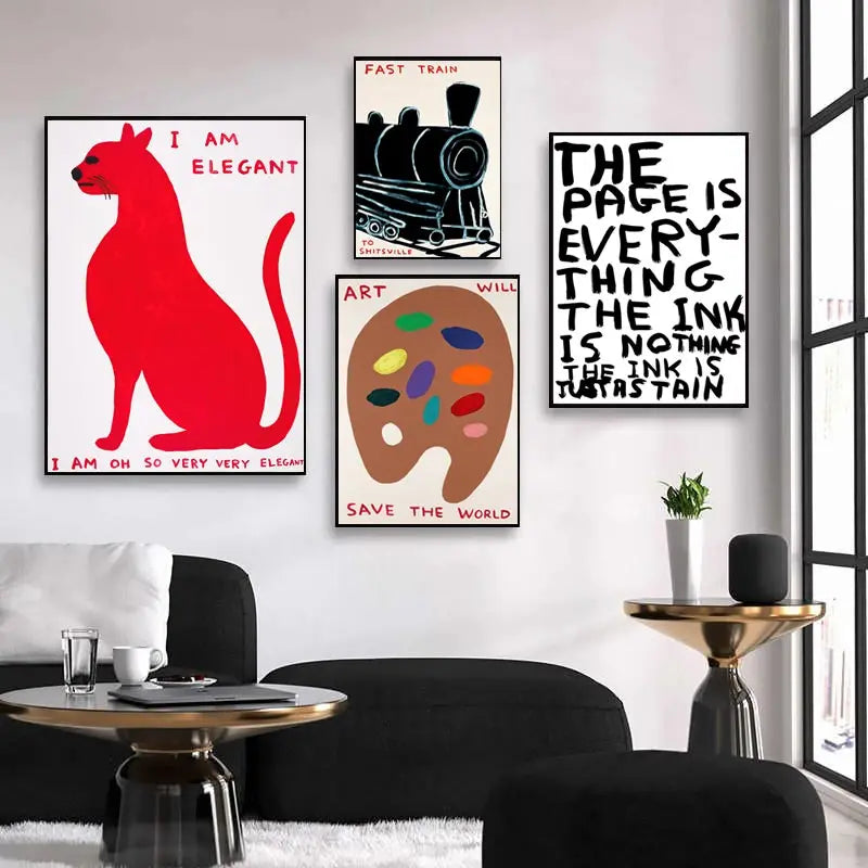Vivolux | David Shrigley Rabbit Cat Wine Biscuit Train Wall Art Abstract Prints Canvas Painting Nordic Poster Pictures Living Room Decor