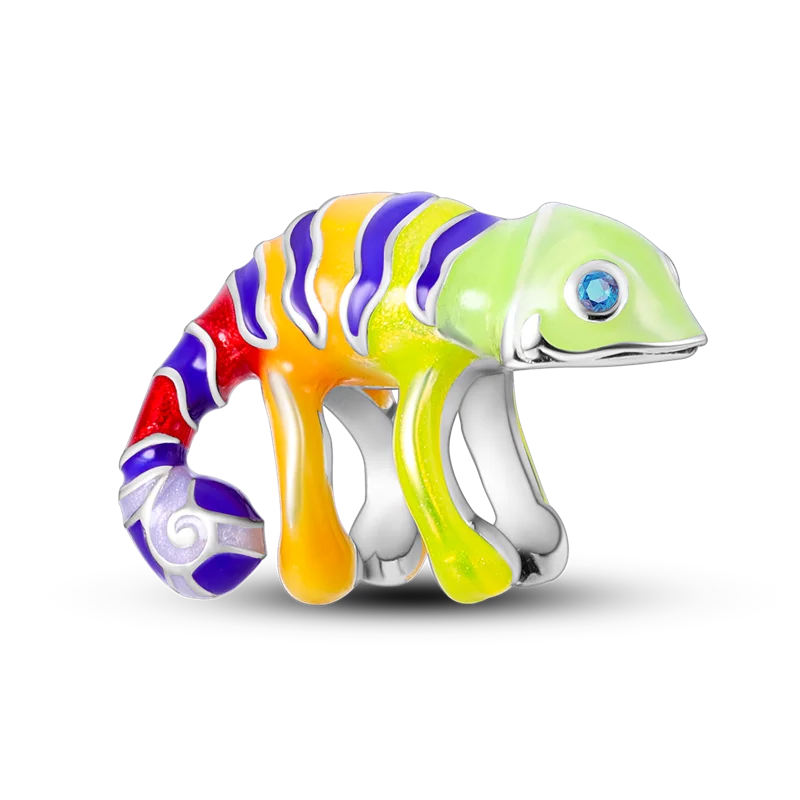925 Silber Goldener Leopard Charms Perlen Bunte Chamäleon Nashorn Löwe Skarabäus Katze Anhänger Passend für Original Pandora Armband Schmuck