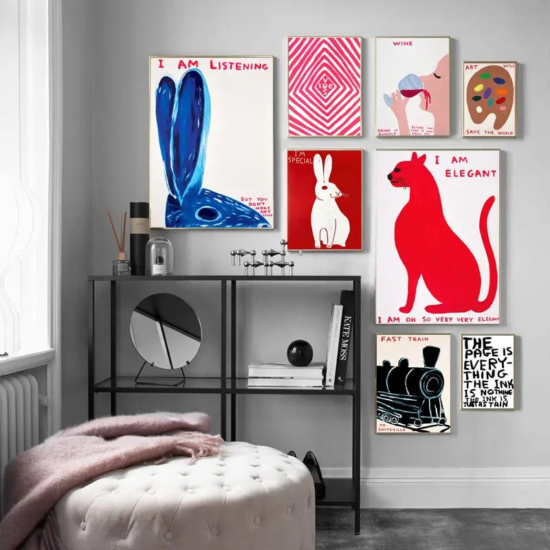 Vivolux | David Shrigley Rabbit Cat Wine Biscuit Train Wall Art Abstract Prints Canvas Painting Nordic Poster Pictures Living Room Decor