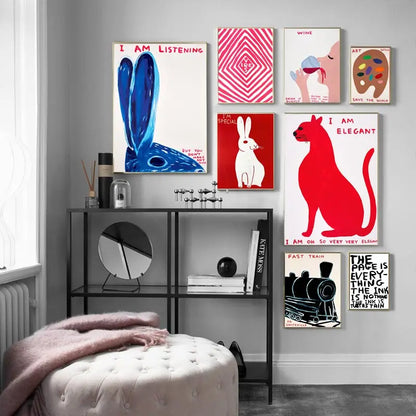 Vivolux | David Shrigley Rabbit Cat Wine Biscuit Train Wall Art Abstract Prints Canvas Painting Nordic Poster Pictures Living Room Decor