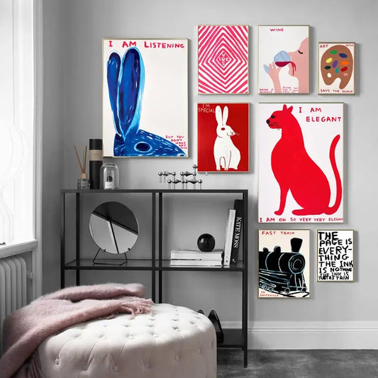 Vivolux | David Shrigley Rabbit Cat Wine Biscuit Train Wall Art Abstract Prints Canvas Painting Nordic Poster Pictures Living Room Decor