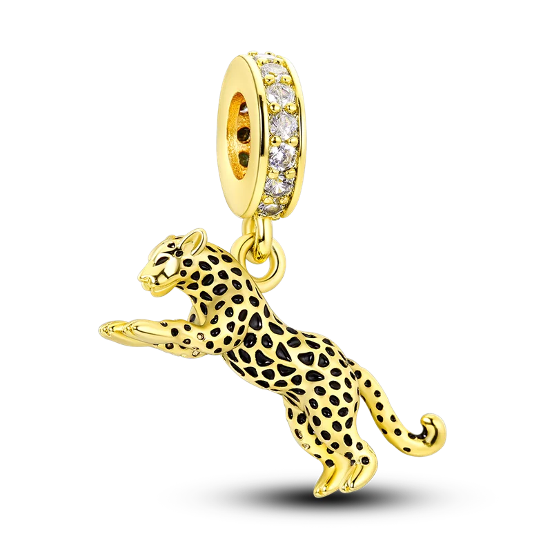 925 Silber Goldener Leopard Charms Perlen Bunte Chamäleon Nashorn Löwe Skarabäus Katze Anhänger Passend für Original Pandora Armband Schmuck