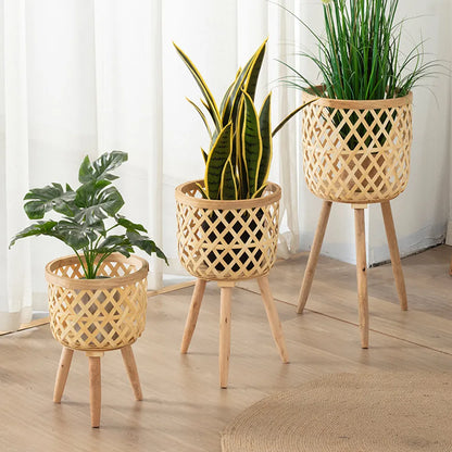 Vivolux | Handgefertigter Bambusgewebter Blumentopf mit Ständer Pflanze Blumenanzeige Aufbewahrungsständer DIY Aufbewahrung Kinderplantöpfe Wohnkultur