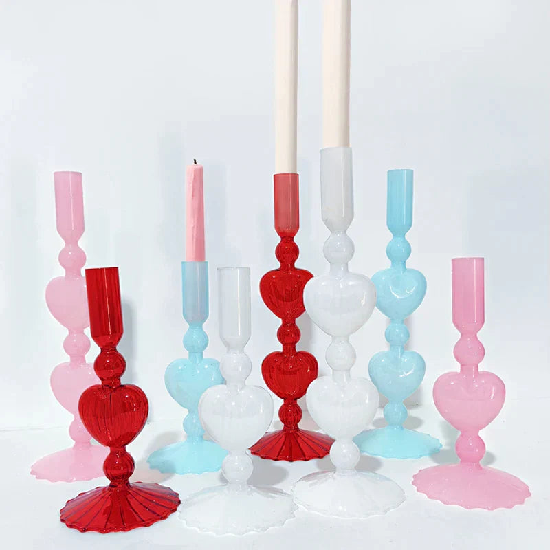 Vivolux | Retro Taper Kerzenhalter Rote Herzform Glas Kerzenständer Hochzeit Tischdekoration Zuhause Party Glas Vase Dekor