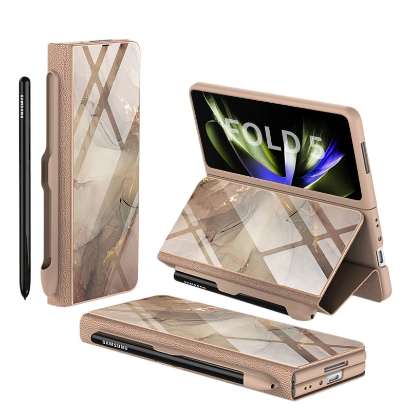 Vivolux | Stoßfeste Rüstungshülle Hülle Glas Abdeckung Ständer Einfügkarte Lederhülle für Samsung Galaxy Z Fold 5/4
