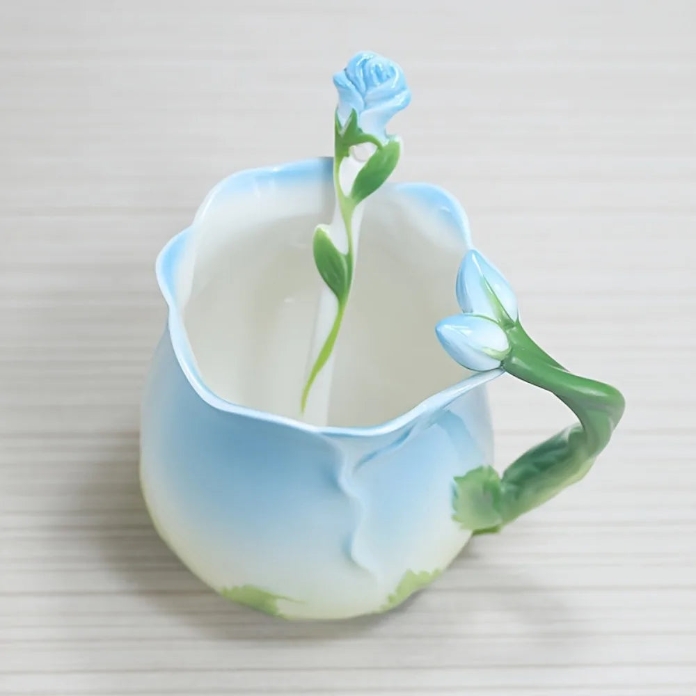 Vivolux | 3D Rose Blume Kaffeetasse Keramik Kaffeetassen Niedliche ästhetische Wasserbecher mit Löffel Sommer Winter Trinkgeschirr Valentinstag Geschenke