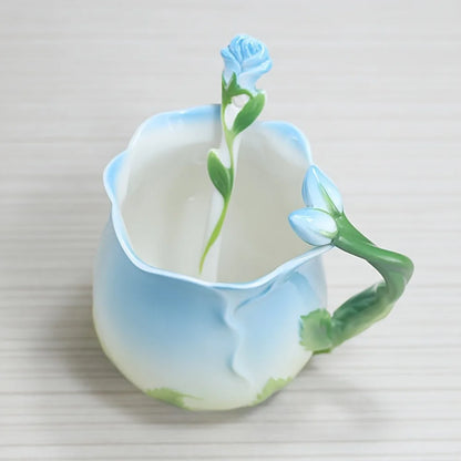 Vivolux | 3D Rose Blume Kaffeetasse Keramik Kaffeetassen Niedliche ästhetische Wasserbecher mit Löffel Sommer Winter Trinkgeschirr Valentinstag Geschenke