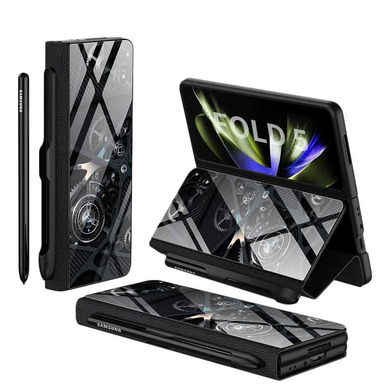 Vivolux | Stoßfeste Rüstungshülle Hülle Glas Abdeckung Ständer Einfügkarte Lederhülle für Samsung Galaxy Z Fold 5/4