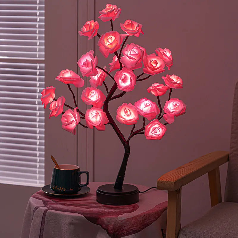 Vivolux | RGB Rose Blume Baum Lichter 24LED USB Batterie Tischlampe Feen Nachtlicht Zuhause Party Weihnachten Hochzeit Schlafzimmer Dekoration Geschenk