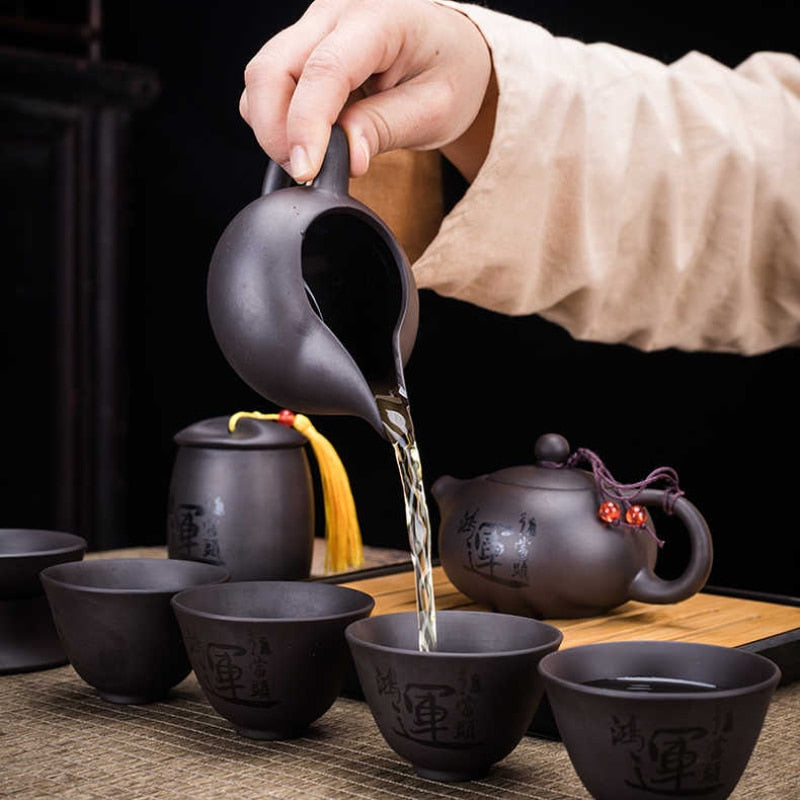 Vivolux | 9-teiliges Set Teawere Retro Designer Cool Lila Sand Keramikk Teekannen Set Reise Kong Fu Teeset Porzellan Lila Sand Topf Teesieb