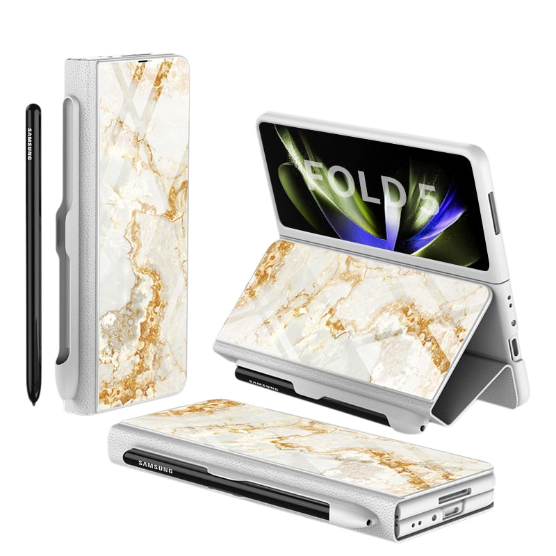 Vivolux | Stoßfeste Rüstungshülle Hülle Glas Abdeckung Ständer Einfügkarte Lederhülle für Samsung Galaxy Z Fold 5/4