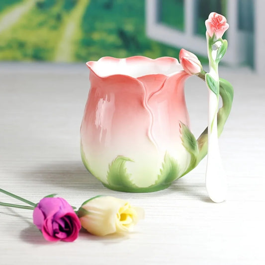 Vivolux | 3D Rose Blume Kaffeetasse Keramik Kaffeetassen Niedliche ästhetische Wasserbecher mit Löffel Sommer Winter Trinkgeschirr Valentinstag Geschenke