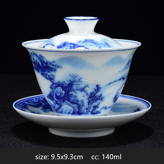 Vivolux | PorceVive Gaiwan Teetasse | Handgefertigtes Porzellan mit Landschaftsmuster | Chinesisches Teeset mit Deckel