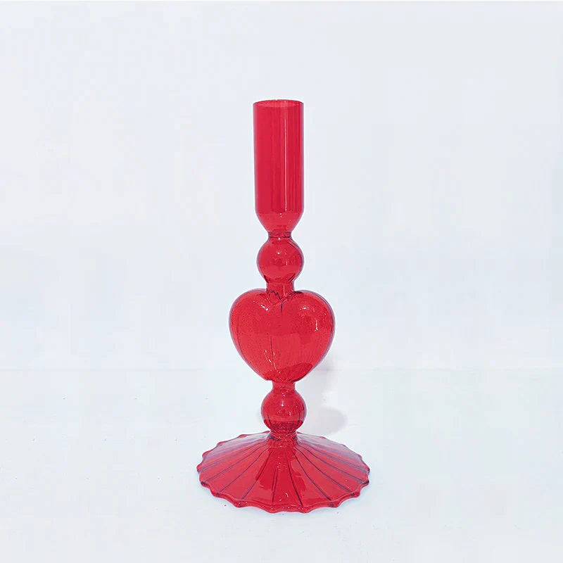 Vivolux | Retro Taper Kerzenhalter Rote Herzform Glas Kerzenständer Hochzeit Tischdekoration Zuhause Party Glas Vase Dekor