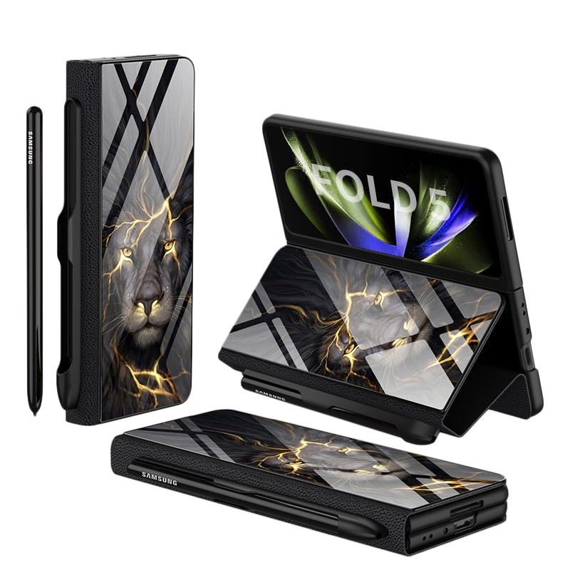 Vivolux | Stoßfeste Rüstungshülle Hülle Glas Abdeckung Ständer Einfügkarte Lederhülle für Samsung Galaxy Z Fold 5/4