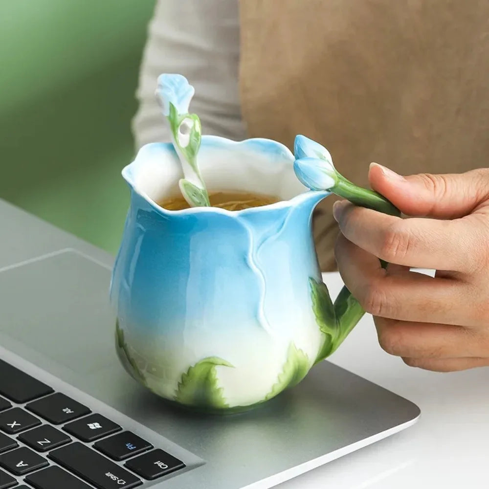 Vivolux | 3D Rose Blume Kaffeetasse Keramik Kaffeetassen Niedliche ästhetische Wasserbecher mit Löffel Sommer Winter Trinkgeschirr Valentinstag Geschenke