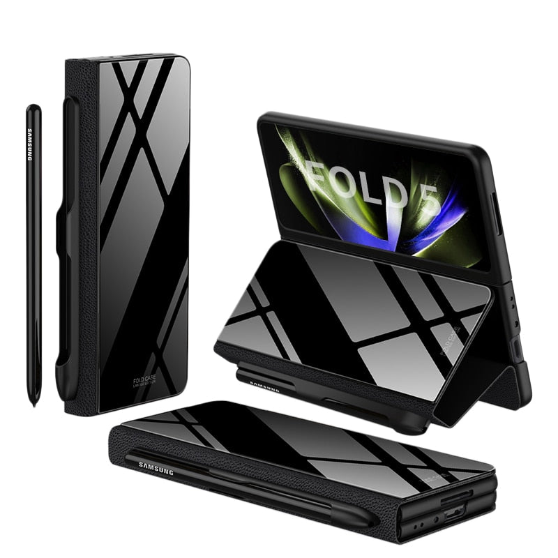 Vivolux | Stoßfeste Rüstungshülle Hülle Glas Abdeckung Ständer Einfügkarte Lederhülle für Samsung Galaxy Z Fold 5/4