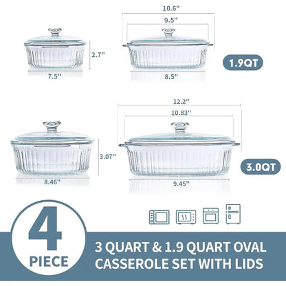 Vivolux | 4-teilige Glas-Auflaufform, Set mit 2 Auflaufformen mit Glasdeckeln, 1,9 Qt und 3 Qt