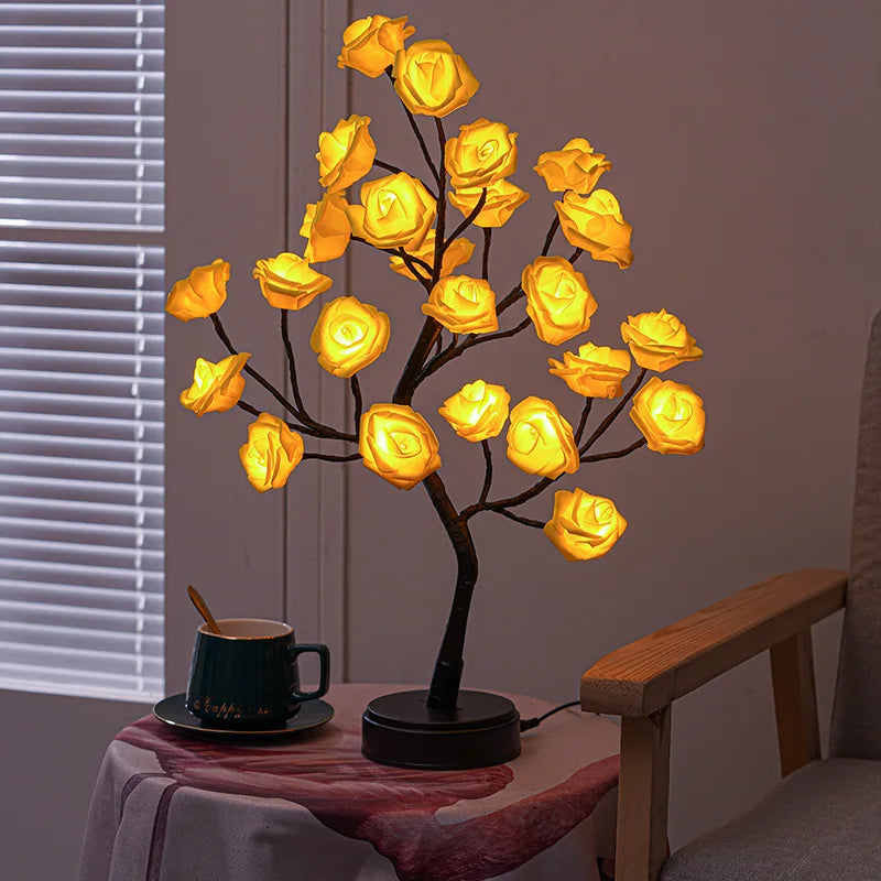 Vivolux | RGB Rose Blume Baum Lichter 24LED USB Batterie Tischlampe Feen Nachtlicht Zuhause Party Weihnachten Hochzeit Schlafzimmer Dekoration Geschenk
