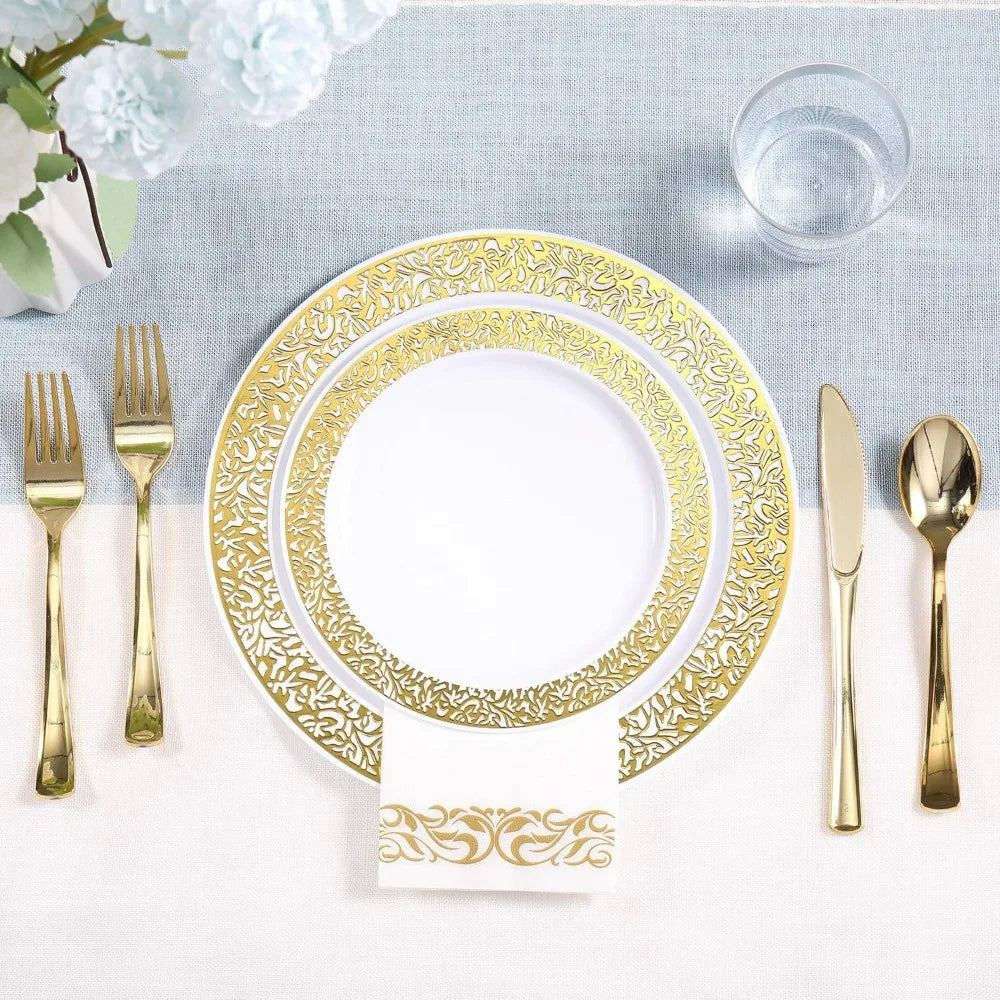 Vivolux | 350pcs Einweg-Gold Spitze Geschirr Set für 50 Gäste