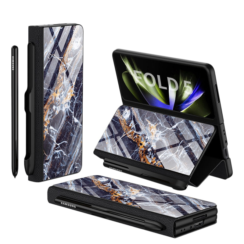Vivolux | Stoßfeste Rüstungshülle Hülle Glas Abdeckung Ständer Einfügkarte Lederhülle für Samsung Galaxy Z Fold 5/4