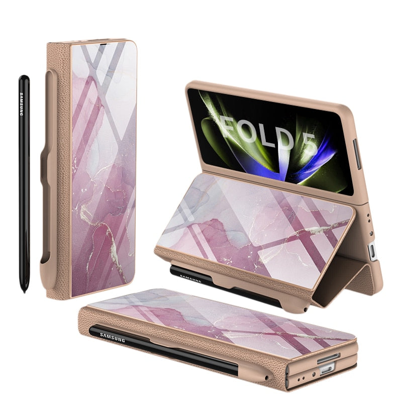 Vivolux | Stoßfeste Rüstungshülle Hülle Glas Abdeckung Ständer Einfügkarte Lederhülle für Samsung Galaxy Z Fold 5/4