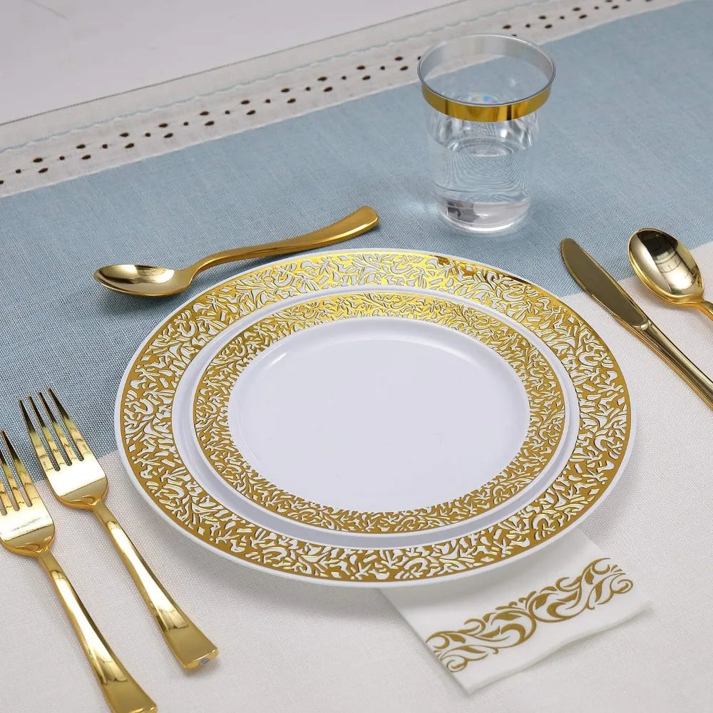 Vivolux | 350pcs Einweg-Gold Spitze Geschirr Set für 50 Gäste