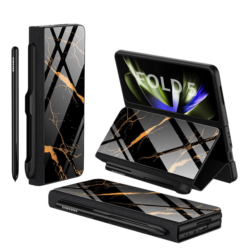 Vivolux | Stoßfeste Rüstungshülle Hülle Glas Abdeckung Ständer Einfügkarte Lederhülle für Samsung Galaxy Z Fold 5/4