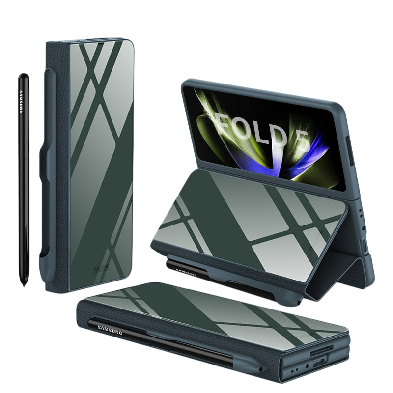 Vivolux | Stoßfeste Rüstungshülle Hülle Glas Abdeckung Ständer Einfügkarte Lederhülle für Samsung Galaxy Z Fold 5/4