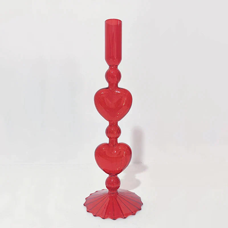 Vivolux | Retro Taper Kerzenhalter Rote Herzform Glas Kerzenständer Hochzeit Tischdekoration Zuhause Party Glas Vase Dekor