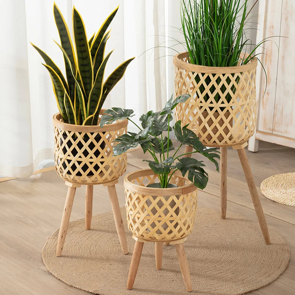 Vivolux | Handgefertigter Bambusgewebter Blumentopf mit Ständer Pflanze Blumenanzeige Aufbewahrungsständer DIY Aufbewahrung Kinderplantöpfe Wohnkultur