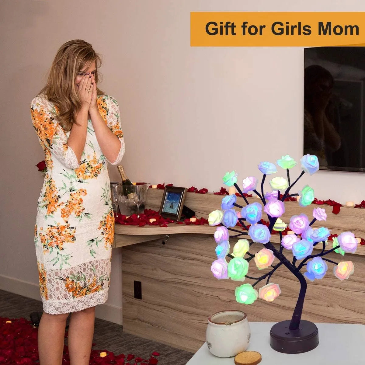 Vivolux | RGB Rose Blume Baum Lichter 24LED USB Batterie Tischlampe Feen Nachtlicht Zuhause Party Weihnachten Hochzeit Schlafzimmer Dekoration Geschenk
