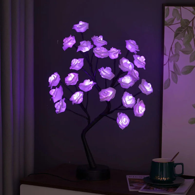 Vivolux | RGB Rose Blume Baum Lichter 24LED USB Batterie Tischlampe Feen Nachtlicht Zuhause Party Weihnachten Hochzeit Schlafzimmer Dekoration Geschenk