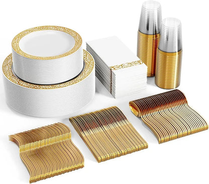 Vivolux | 350pcs Einweg-Gold Spitze Geschirr Set für 50 Gäste