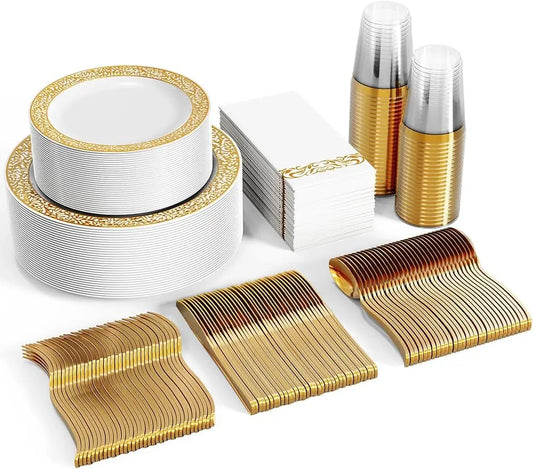 Vivolux | 350pcs Einweg-Gold Spitze Geschirr Set für 50 Gäste