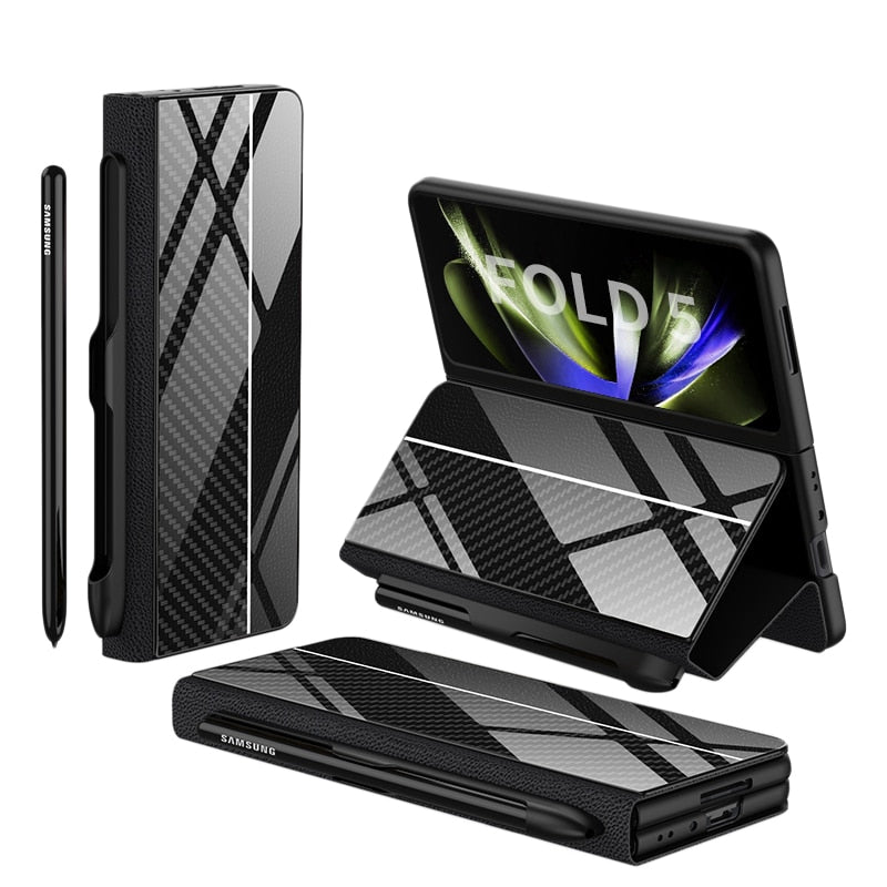 Vivolux | Stoßfeste Rüstungshülle Hülle Glas Abdeckung Ständer Einfügkarte Lederhülle für Samsung Galaxy Z Fold 5/4