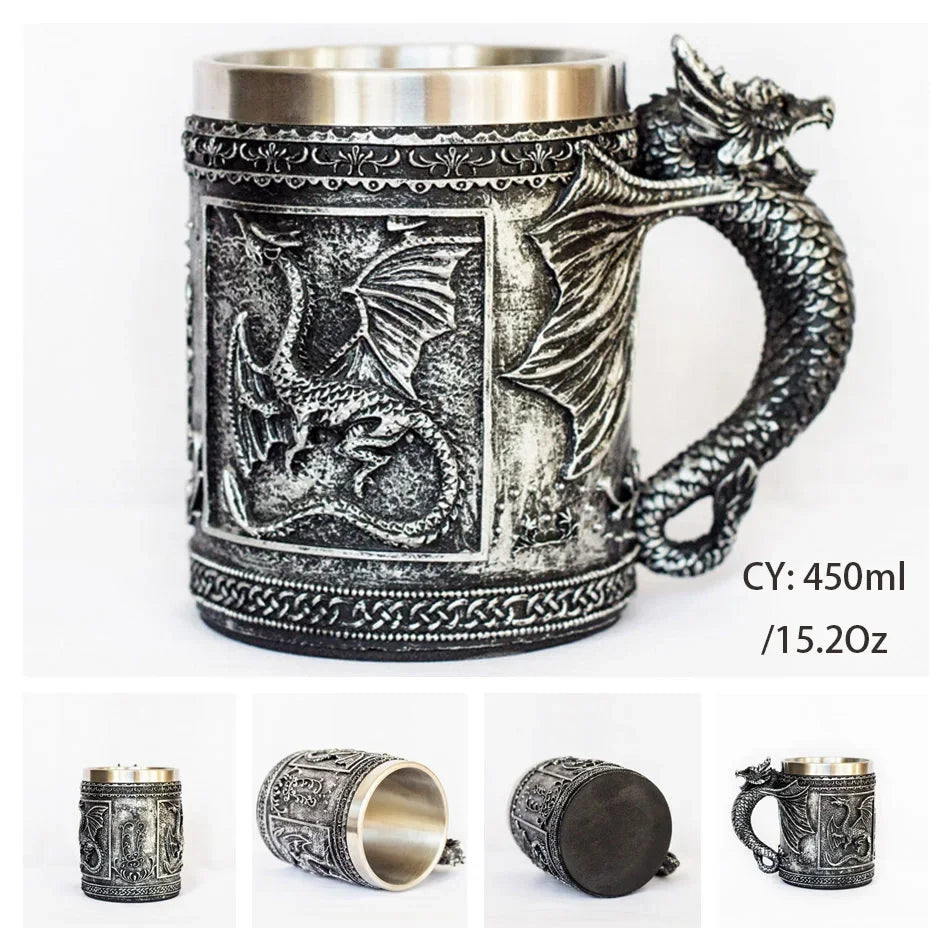 Vivolux | Mittelalterlicher Drachenharz-Edelstahlbecher als Kaffeebecher oder Teebecher