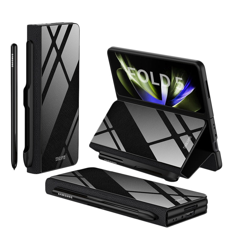 Vivolux | Stoßfeste Rüstungshülle Hülle Glas Abdeckung Ständer Einfügkarte Lederhülle für Samsung Galaxy Z Fold 5/4