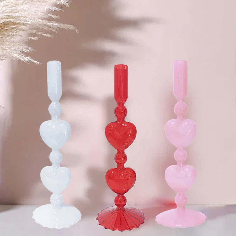 Vivolux | Retro Taper Kerzenhalter Rote Herzform Glas Kerzenständer Hochzeit Tischdekoration Zuhause Party Glas Vase Dekor