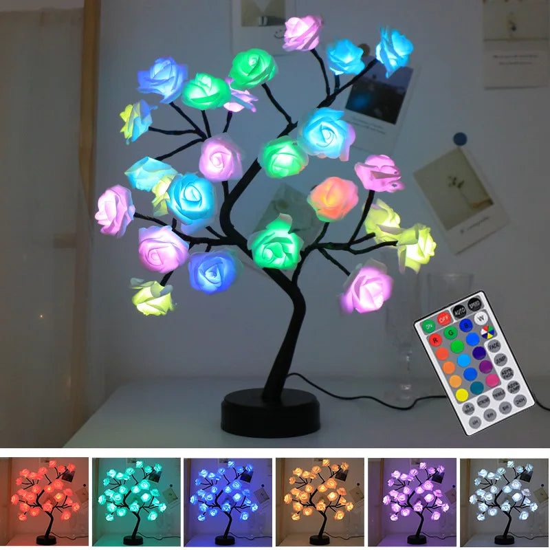Vivolux | RGB Rose Blume Baum Lichter 24LED USB Batterie Tischlampe Feen Nachtlicht Zuhause Party Weihnachten Hochzeit Schlafzimmer Dekoration Geschenk